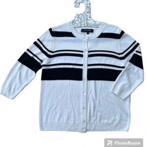 St. John Women’s White Cardigan Black Stripes Metallic Gold Thread detail size S